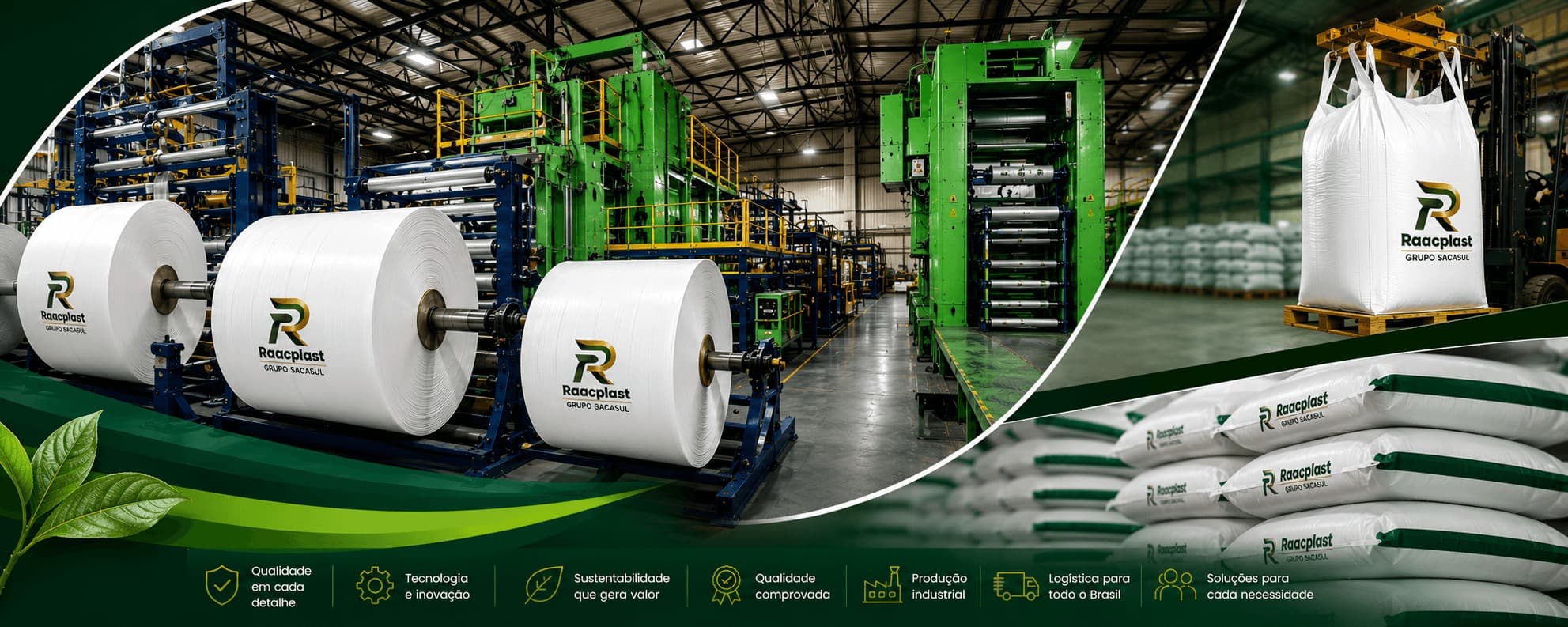 Linha de produção da RAAC PLAST: extrusão e tecelagem de ráfia, bobinas, big bags e sacaria em polipropileno